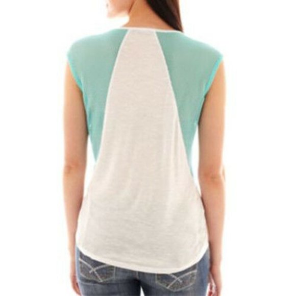 Weavers Cap-Sleeve Mesh-Inset Graphic Tee New - Picture 2 of 3